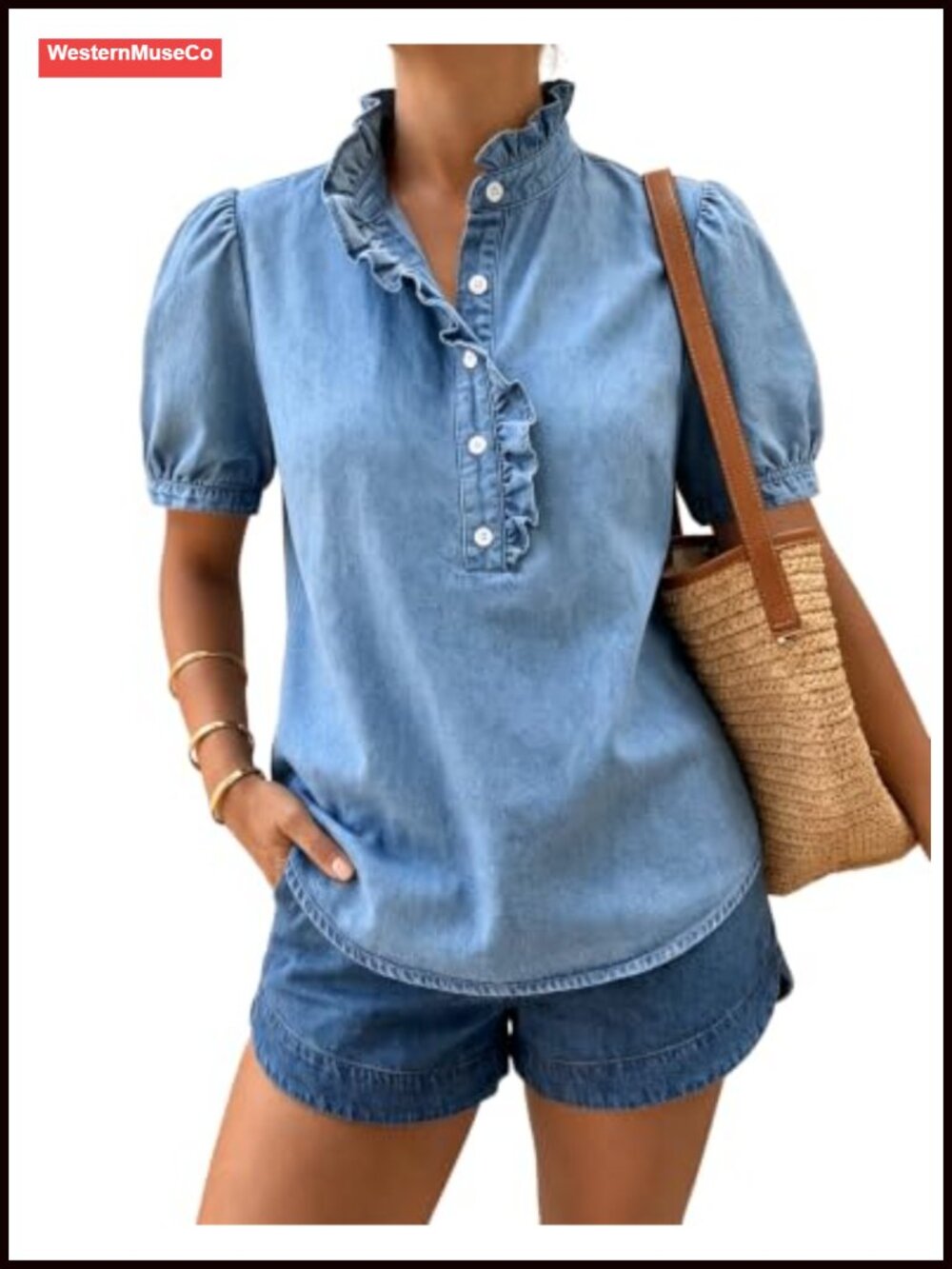 Poliro Ruffle Neck Puff Sleeve Button Down Denim Shirt Women's